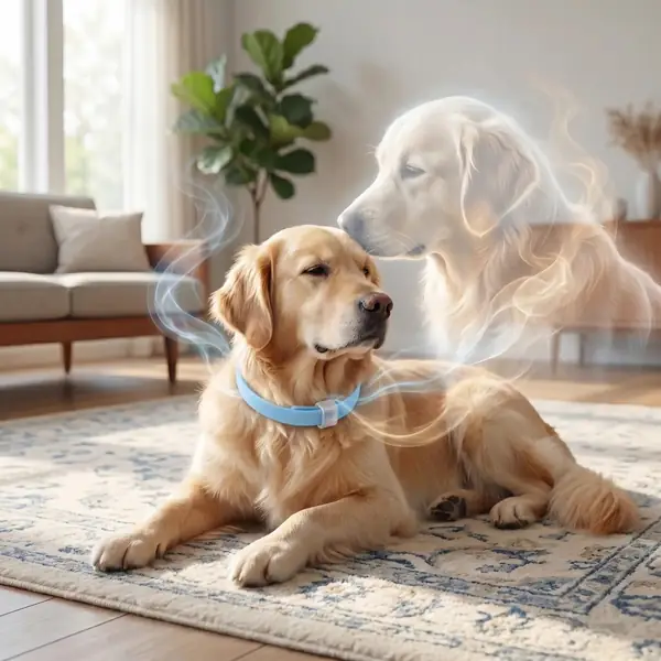 Golden retriever wearing a CalmiCollar resting on a living room rug