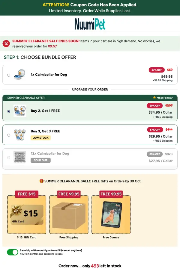 CalmiCollar official website checkout page showing bundle options, free gifts and the auto-refill switch