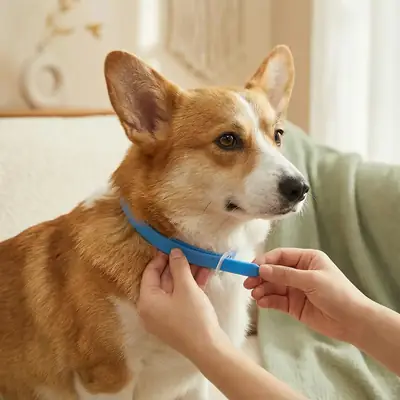 CalmiCollar being adjusted on a corgi