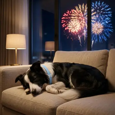 Dog wearing a CalmiCollar resting on a sofa during fireworks