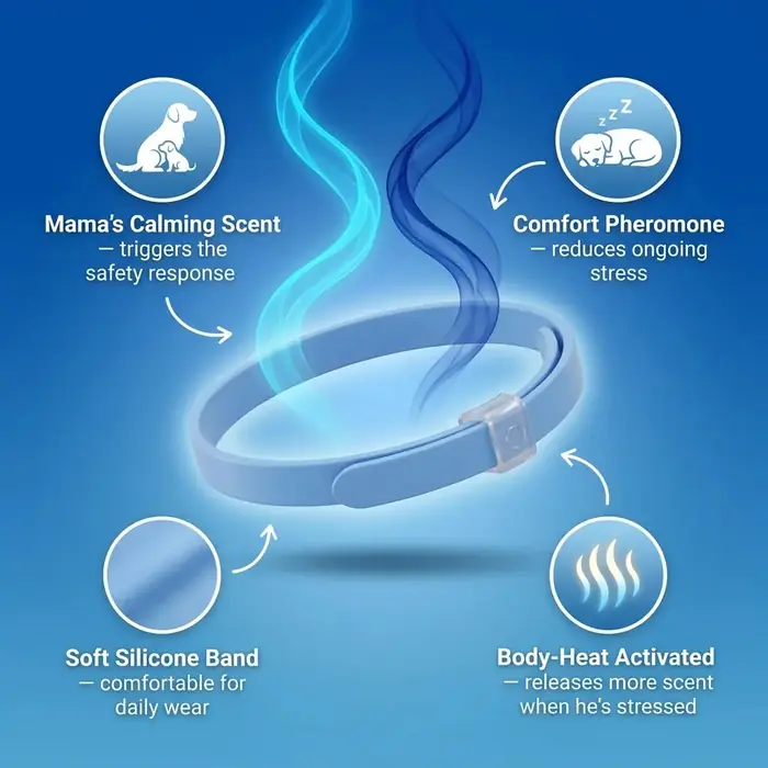 Infographic of the CalmiCollar band releasing calming scent as body heat rises