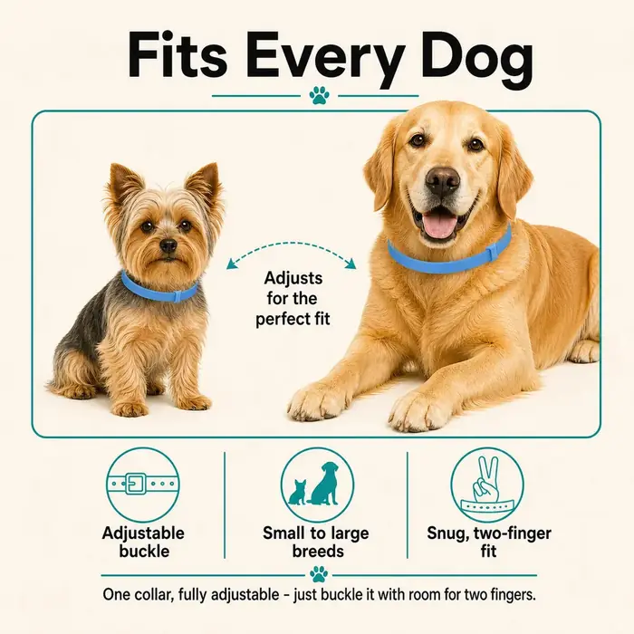 CalmiCollar adjustable fit shown on a small dog and a large dog